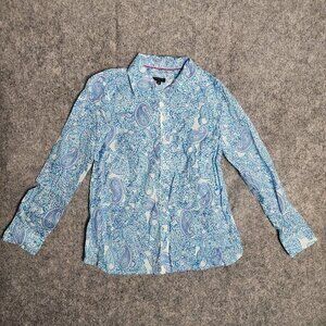 Talbots Petit‎ Top Women SP Blue White Paisley Floral Pattern Button Blouse